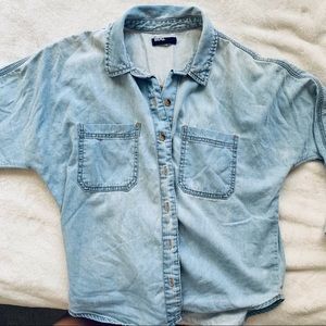 Bleach Wash Cropped Boxy Chambray Denim Shirt